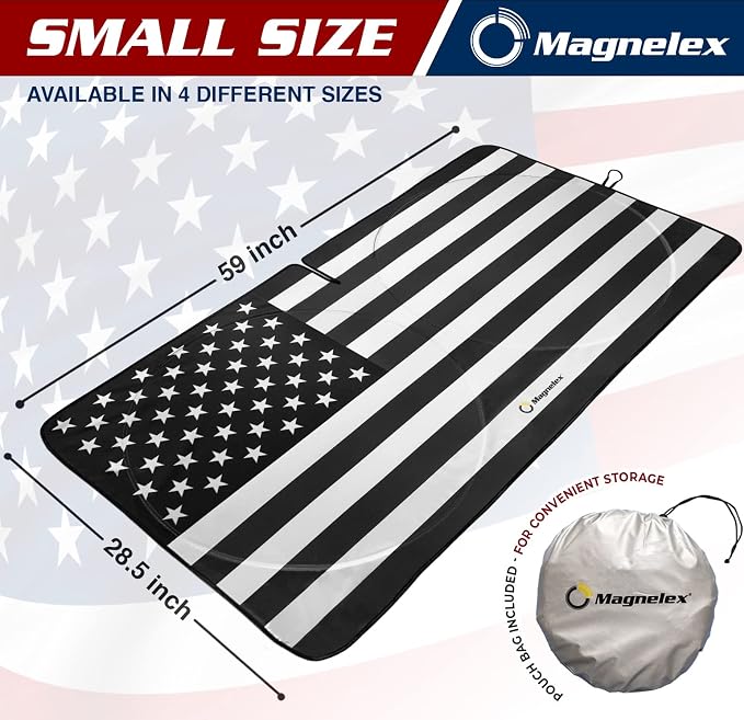 Magnelex American Flag Windshield Sun Shade, High-Resolution Car Sun Shield with Mirror, Cut-Out for Automotive Interior Sun and Heat Protection, Folding Car Sunshade - Small, Black & White - Image 2