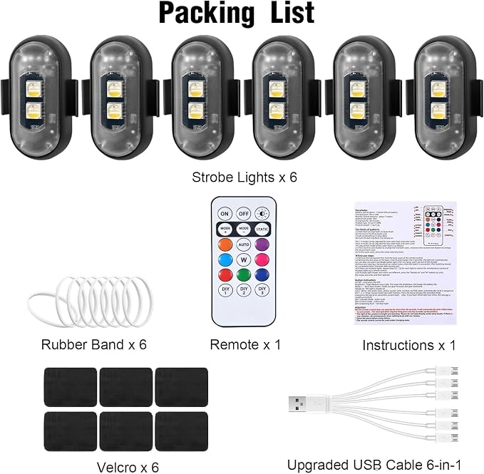 6PCS Wireless LED Strobe Lights with Remote Control, 8 Colors Rechargeable Led Lights Anti-Collision LED Emergency Warning Lights for Car Motorcycle Bike Drone Aircraft - Image 7