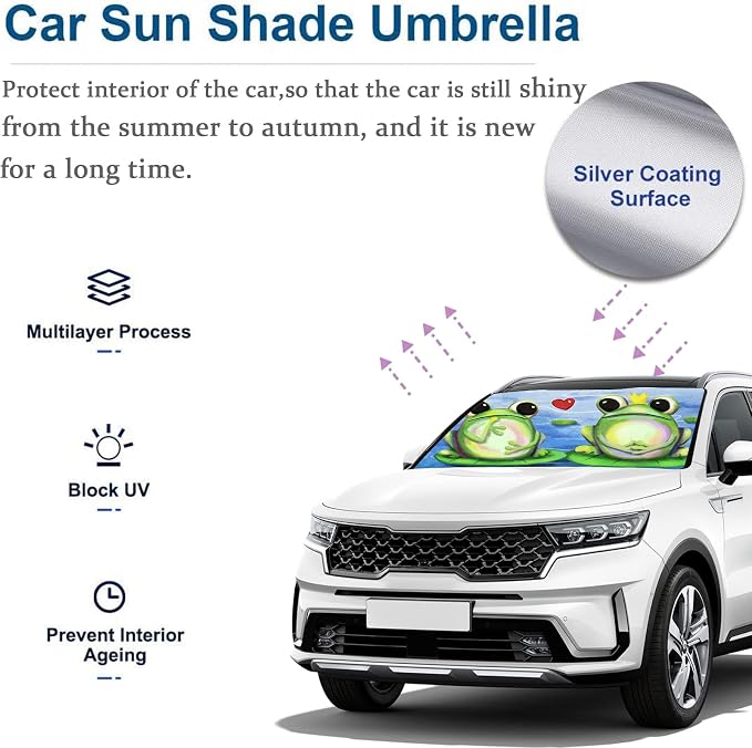 Cute Frog Lover Car Windshield Umbrella,Large Size Windshield Sun Shade Umbrella for Front Windows,UV Rays and Heat Sun Visor Protector Foldable Reflector Sun Shield Fits Most Vans SUVs - Image 5