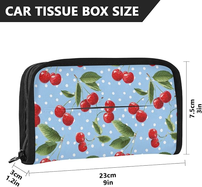 Car Tissue Holder Car Napkin Holder Car Tissue Box Dispenser Storage Case Sun Visor Mask Holder with Adjustable Straps Reusable Refillable Light Blue Dots Red Cherry - Image 4