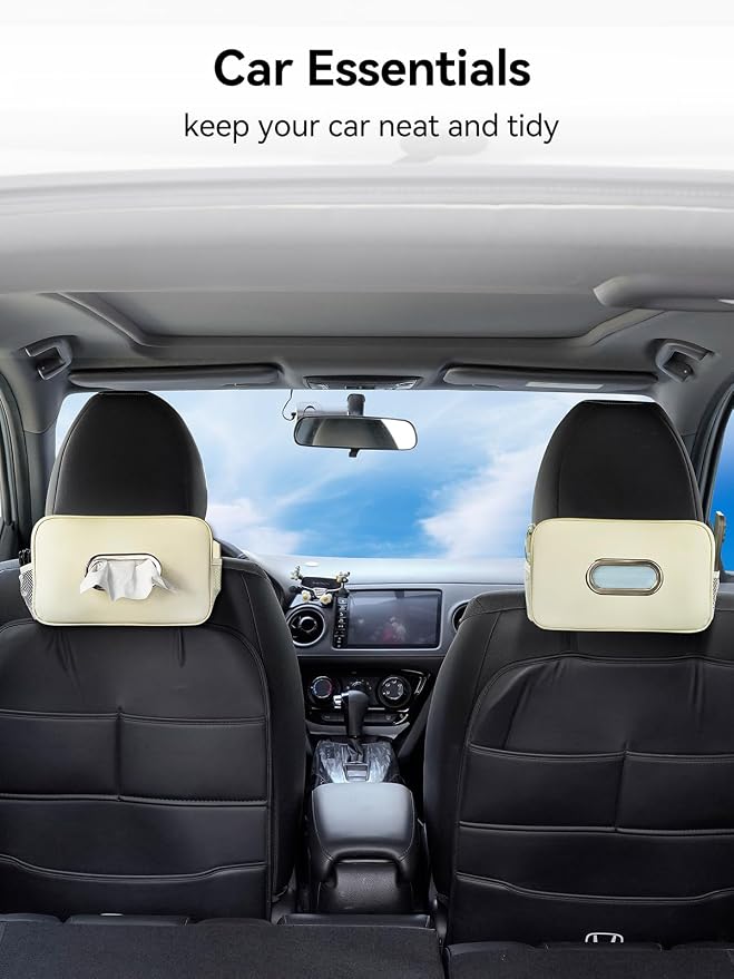 Multi-Functional Car Tissue Holder with ‌2 Storage Nets, Tissue Box Cover | PU Leather Tissue Box Cover, Large Rectangle Napkin Organizer, Fit for 100-160 Regular Size Tissues, Keep Car Tidy, Beige - Image 7