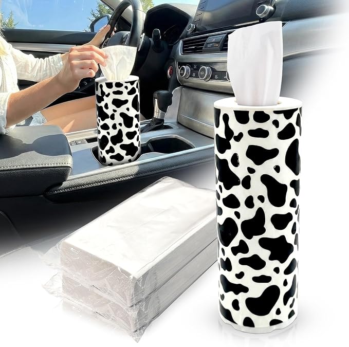 Car Tissues Cylinder for Cup Holder - Refillable Round Tissue Canister with 2 Packs Tissues - Cow Car Decorations,Cow Cars Interior Accessories for Women & Men - Fits Most Auto Cup Holders (Cow Print) by Unknown