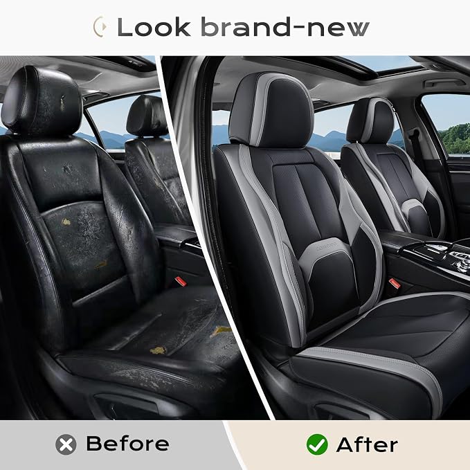 Coverado Car Seat Covers, Leather Seat Covers Full Set, Waterproof Car Seat Protector with Lumbar Support, Automotive Seat Covers Seat Cushions Universal Fit for Most Cars SUV Trucks, (Black&Beige) - Image 7
