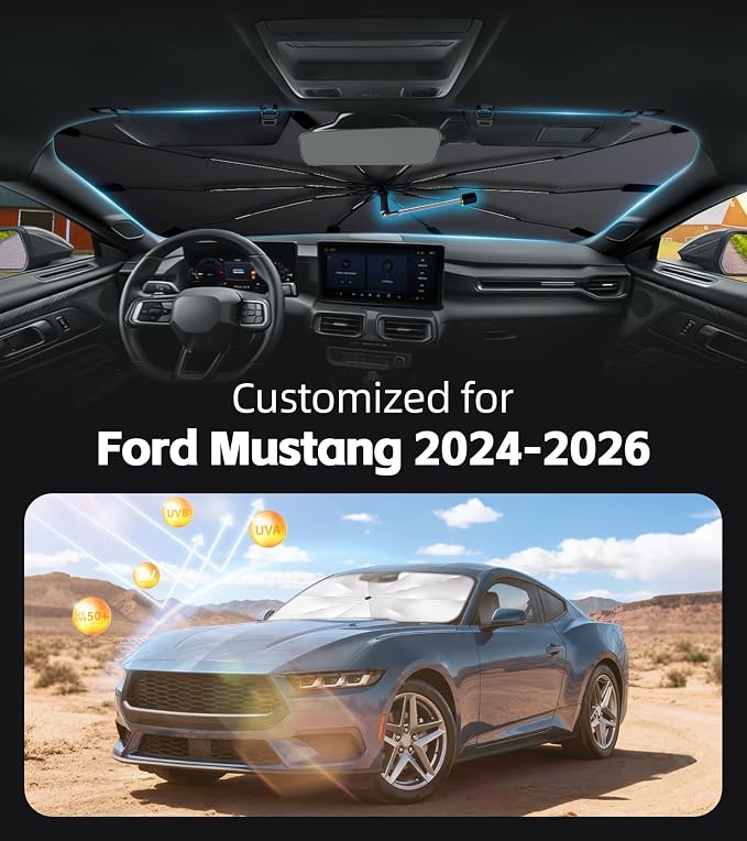 Windshield Sun Shade for Ford Mustang 2024-2026 with 360° Rotating Shaft | Custom Fit Umbrella Sunshade for UV Blocking, Interior Heat Protection, Easy Storage, UPF 50+ Cool Windshield Cover - Image 2