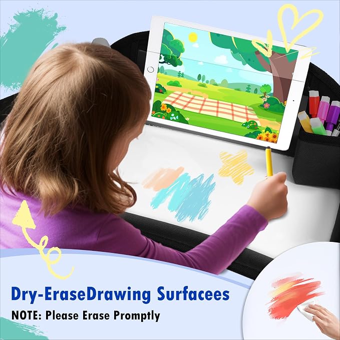 Kids Travel Tray for Toddler Car Seat, Road Trip Activities for Kid | Road Trip Essentials Accessories Lap Tray with iPad Holder Stand & Dry Erase Board as Travel Gifts for Kid,Black - Image 5