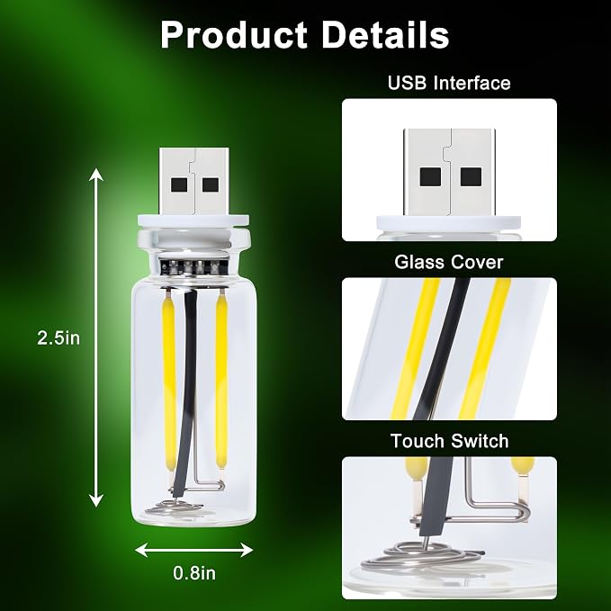 Car USB Night Light Touch Dimmable - 1-Pack Retro LED Filament Lamp for Truck Interior, Bedroom & Camping | Glass Bottle Ambiance Lighting (Green) - Image 5