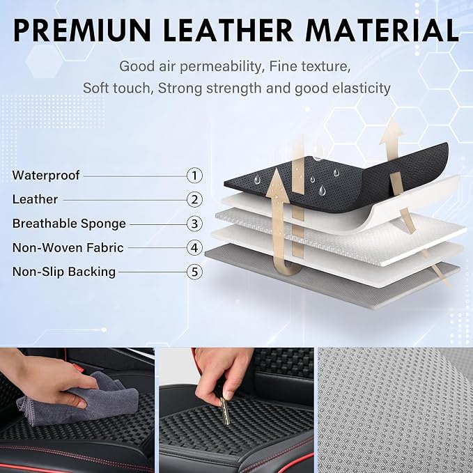 Coverado Leather Seat Covers for Car, Waterproof Car Seat Covers Full Set, 2 in 1 Conversions Car Seat Cover Protector Car Accessories Universal Fit for Most Cars SUVs and Trucks (Black&Red) - Image 7