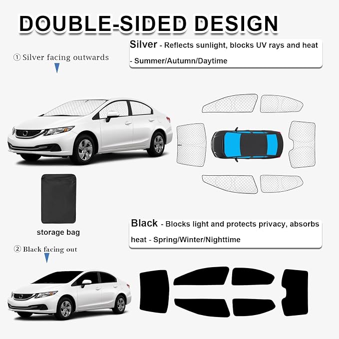 KMF 6pcs Thicken Sun Shades for Honda Civic Sedan 2012-2015 Accessories, Windshield Sunshade Full Car Window Covers for Side Rear, UV Block and Blackout Privacy for Camping Outdoor - Image 4