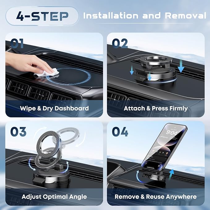 Strong Magnetic Phone Holder for Car & Desk, Compatible with MagSafe, Secure Lock, Universal 360° Rota-Table Car Phone Mount for Dashboard, Glass, Table, Carbon Fiber - Image 4