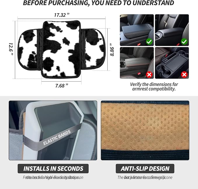 Plush Fuzzy Car Center Console Cover with 2 Side Pockets, Cow Print | Fluffy Armrest Cushion Pad,Soft Car Interior Accessories with Storage for Men & Women,Universal Fit for Vehicles SUV Truck - Image 7