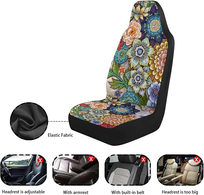 Boho Floral Front Car Seat Covers Set of 2 for Women, Universal Fit Bucket Seat Protectors for Cars, SUVs, Sedans and Trucks, Soft Breathable Polyester, Front Seats Only - Image 4