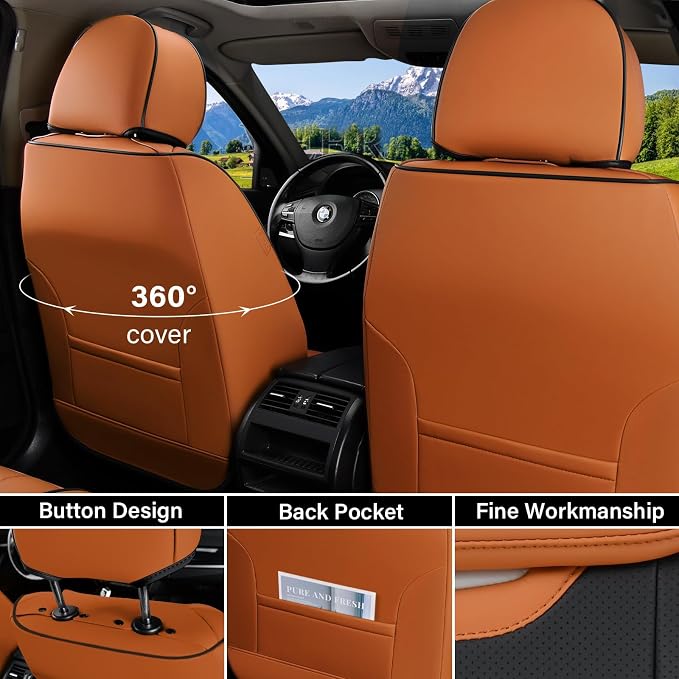 Coverado Car Seat Covers Full Set, Breathable Nappa Leather Seat Covers for Cars, Automotive Seat Covers, Waterproof Front and Back Car Seat Protector Universal Fit Most Cars(Brown&Black) - Image 3