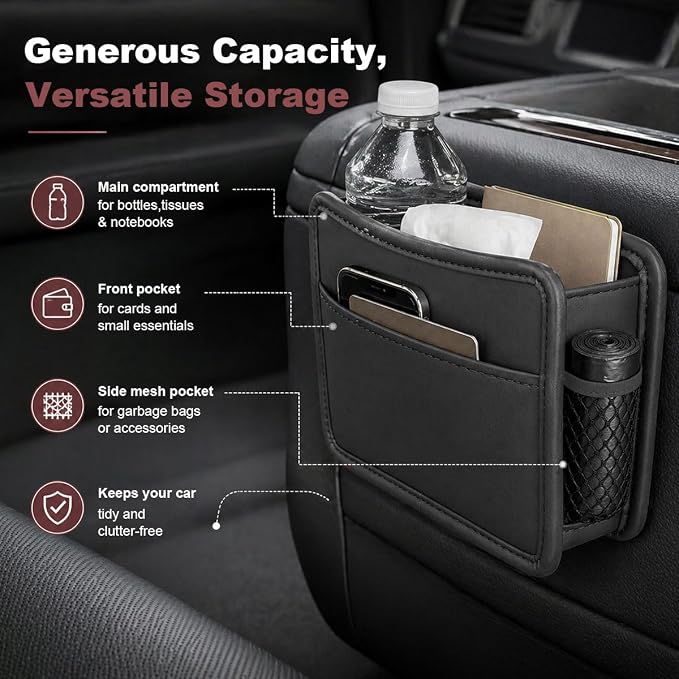 Car Seat Side Pocket Organizer, Leather Sewn Multifunctional Automotive Trash Bag, Small Vehicle Door Pouch for Cell Phone, Key, Wallet, Sunglasses (Black) - Image 5