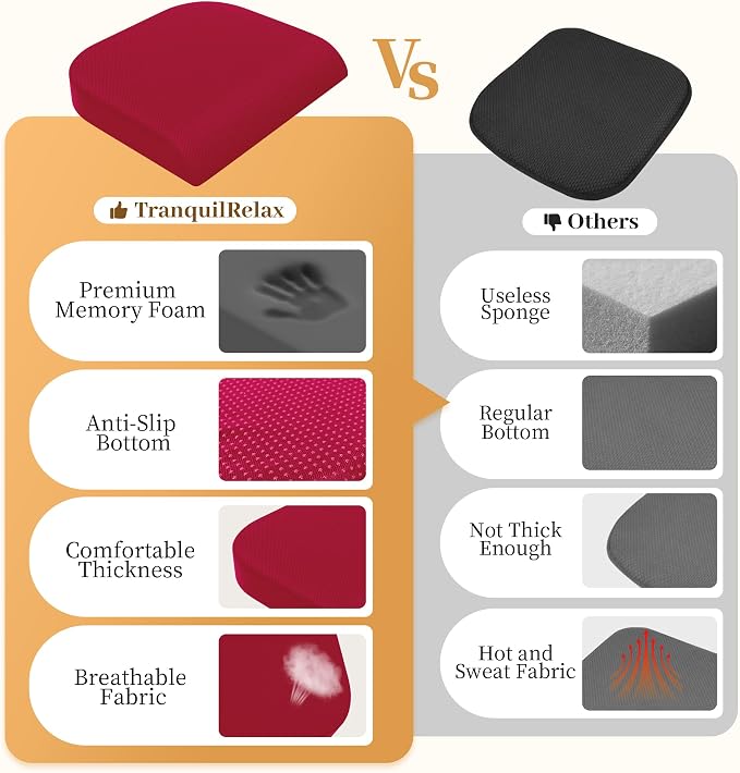 TranquilRelax 2XL Memory Foam Seat Cushion for Office Chair, 3.7-Inch, Red | Medium-firm Support for Long Sitting, Washable Mesh Cover, Non-slip Base, Perfect for Car Seats & Short Drivers - Image 4
