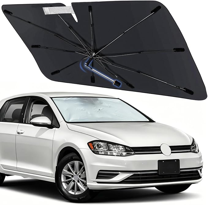 Windshield Sun Shade for Volkswagen Golf 2010-2026, Umbrella Sunshade | Custom Fit Car Sun Visor with 360° Rotating Shaft, UV Protection Heat Shield Sun Blocker Heat Reflector and Easy Storage by Visufy
