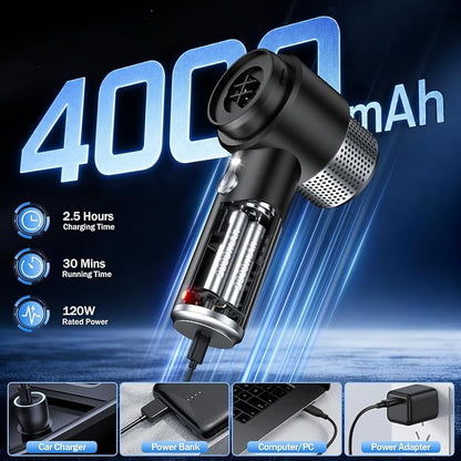 KMM Handheld Car Vacuum Cleaner, Hand Held Vacuum Cleaner & Air Duster | 16000PA Strong Suction, 120W High Power, Portable & Rechargeable, LED Light, Multi-Nozzles for Home, Car, Office, Pet - Image 4
