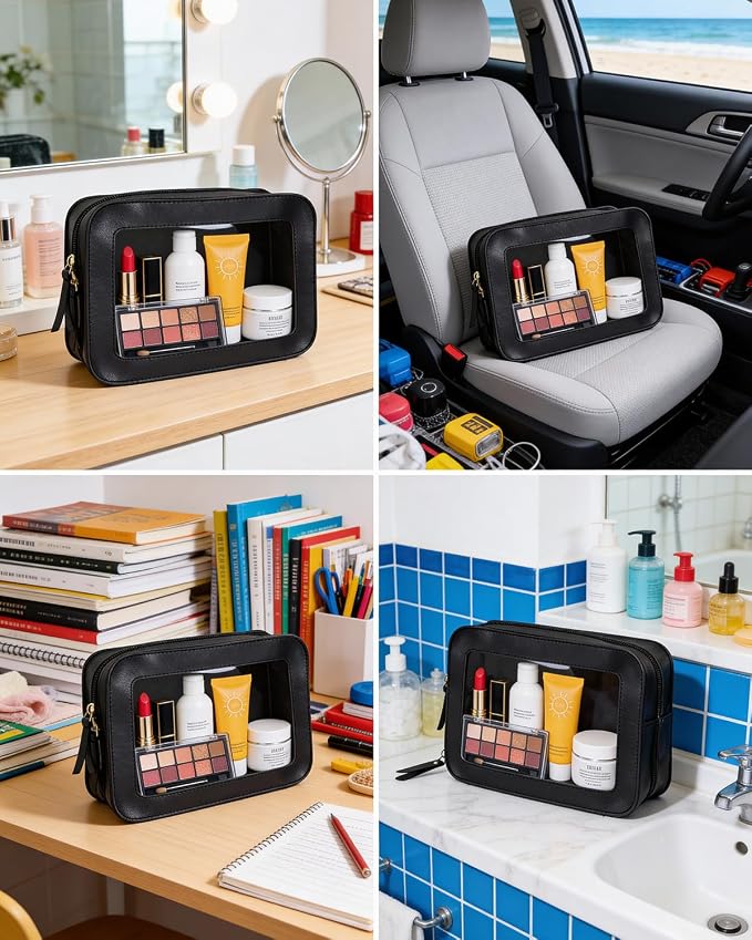 2Pack Clear Makeup Bags, Portable Clear Makeup Brushes Bag Case Travel Car Accessories Essentials,Slim Makeup Pouch for Purse for Women (2Pack-Black Set) - Image 4