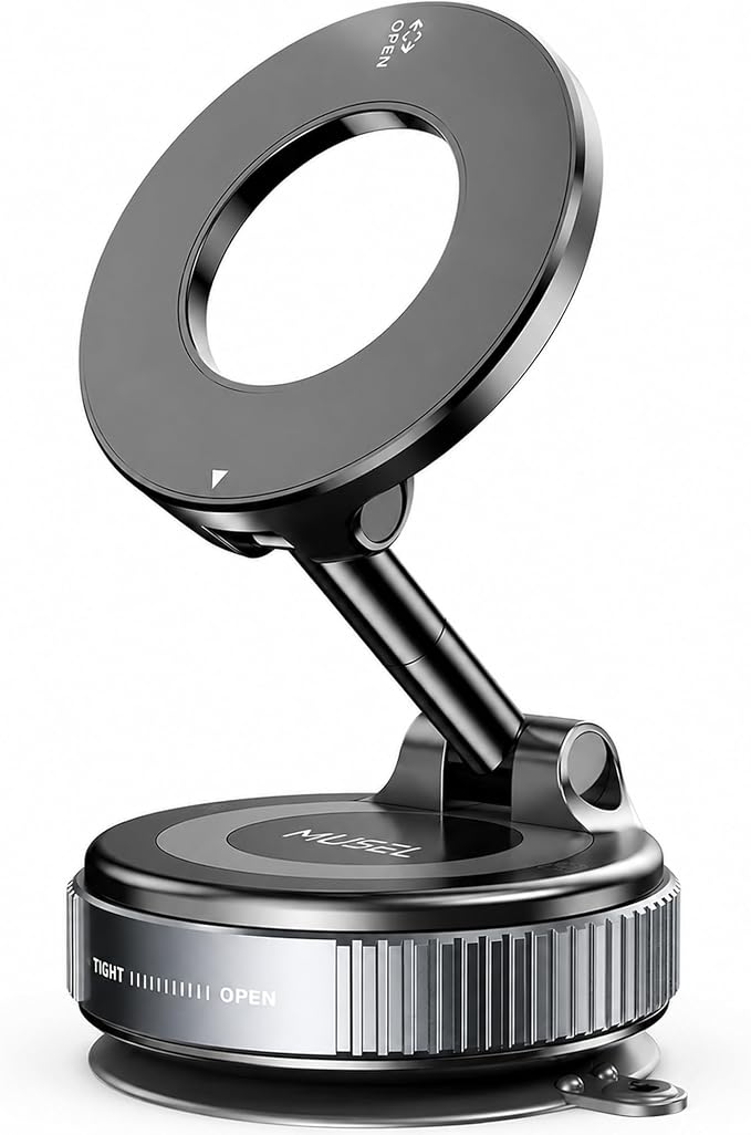 MUSEL Magnetic Car Phone Holder for MagSafe, Vacuum Mount for iPhone 17-12 | 88 lb suction hold, 2600 gf magnetic force, 22 N55 magnets, 360 degree rotation, bottom plate and ring included, dash mount by MuselOfficial