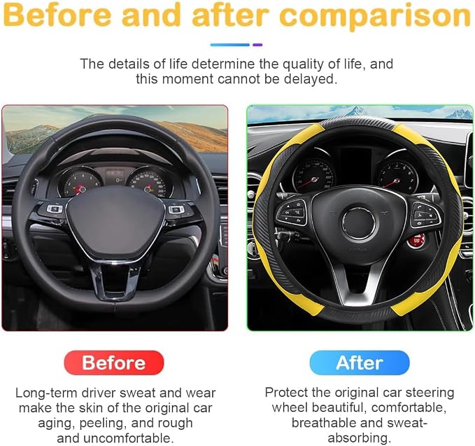 Osilly 15 Inch Carbon Fiber PU Leather Steering Wheel Cover, Yellow | full-wrap protective surface, flexible ringless design, hand-stretch setup, fits matching rim sizes, automotive accessories - Image 3