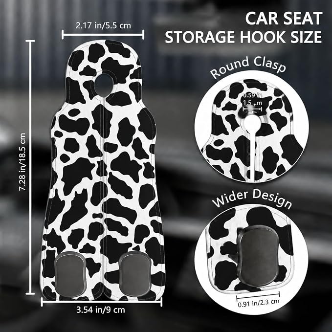Cute Cow Car Seat Back Storage Headrest Hooks for Purses & Bags – 2PCS PU Leather Dual Metal Hooks, Backseat Organizer Accessories - Image 2