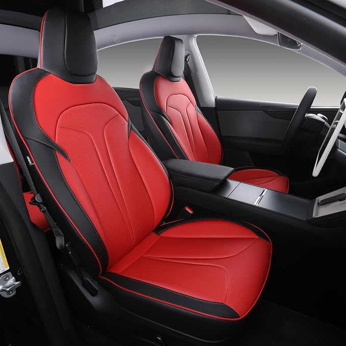 Custom Seat Covers for 2025 2026 Tesla Model Y Juniper 5-Seater - Red | Waterproof Breathable Nappa Leather, OEM Factory Style Full Set, Full Coverage Design with Armrest Covers, Airbag Compatible by Ourplot