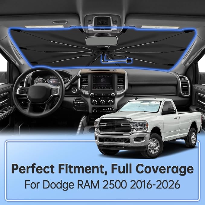 Windshield Sun Shade Umbrella for Dodge RAM 2500 2016-2026 Front Window | Foldable Car Sunshade, 360 Rotation Automotive Interior UV Protection for Outdoor Parking - Image 2