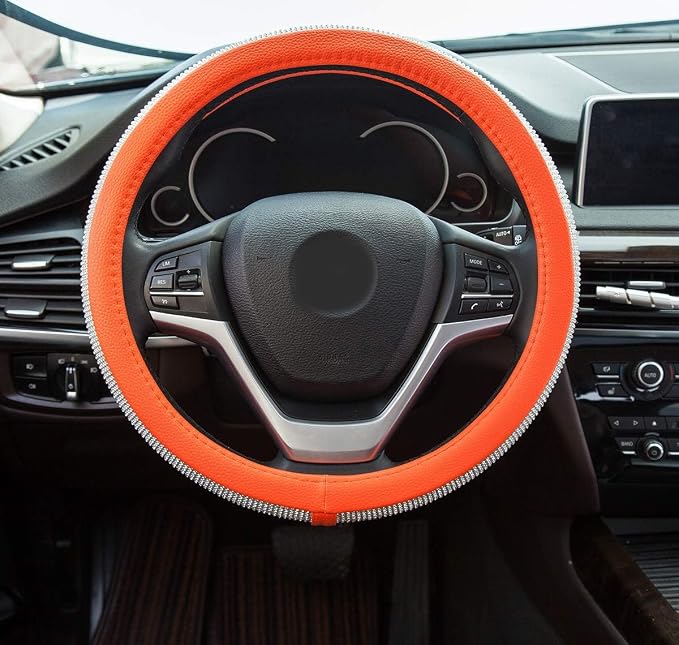 New Diamond Leather Steering Wheel Cover with Bling Crystal Rhinestones | Universal Fit 15 Inch Car Wheel Protector for Women Girls Orange - Image 2