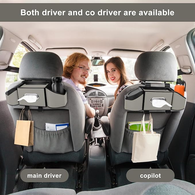 7-In-1 Car Seat Back Organizer with Cup Holders, Tissue Box, Garbage Can&Hooks, Multifunctional Headrest Storage Organizer, Headrest Cup Holder for Backseat, Car Accessories for Trips, Travels(Gray) - Image 9