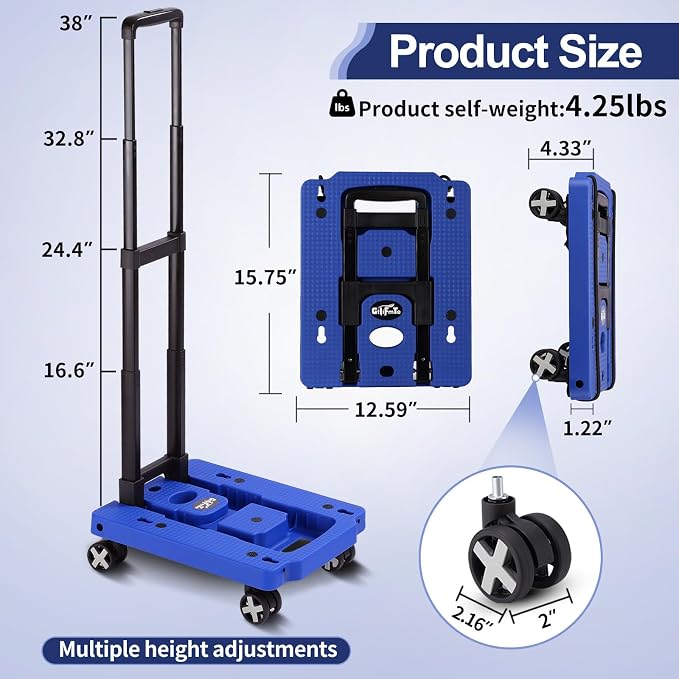 GtIiFmTe Foldable Hand Truck, Lightweight Luggage Cart for Airport Car Seat | Compact Folding dolly with Rotating swivel wheel,storage size12×15.7×4.1",300lbs Load,Upright Lock Handle with 3bungee cords - Image 2