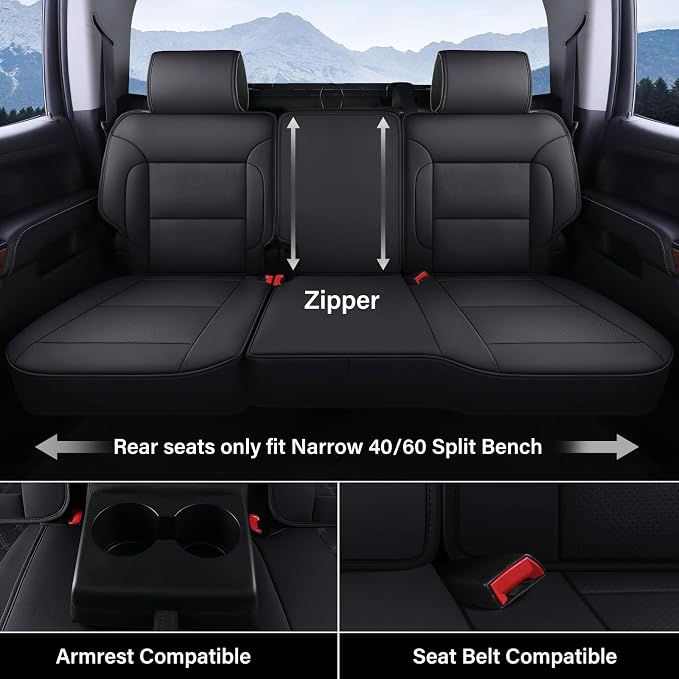 Coverado Chevy Silverado Seat Covers Full Set, Faux Leather Car Seat Covers Fit for 2014-2018 1500, 2015-2019 2500HD 3500HD Chevy Silverado GMC Sierra Crew Double Extended Cab (Black) - Image 2
