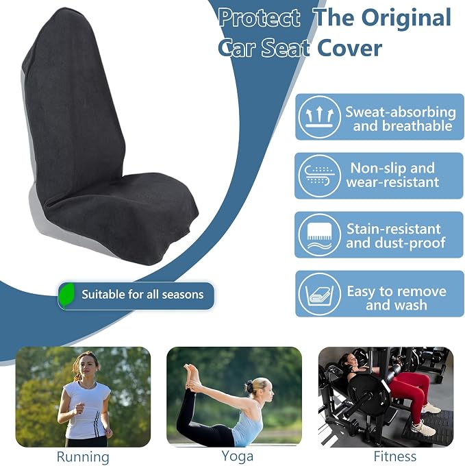 Towel Car Seat Covers - Super Absorbent Front Seat Protectors for Gym, Pets & Travel | Quick-Dry Towel Fabric | Universal Non-Slip Fit for Sedan, SUV, Truck (1 Pack Black) - Image 4