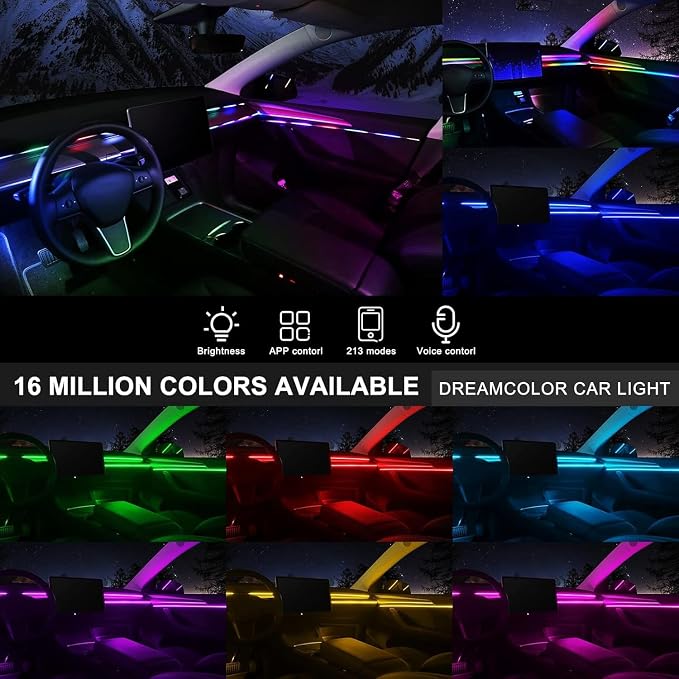 Dreamcolor Acrylic Interior Car LED Strip Light with Wireless APP, RGB 10 in 1 with 175 inches 593 LEDs Fiber Optic Ambient Lighting Kits, 16 Million Colors Sound Active Function Car Neon Lights - Image 3