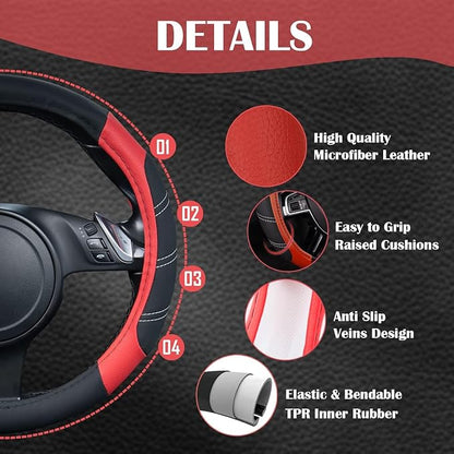 CAR PASS Line Rider Microfiber Leather Sporty Steering Wheel Cover Universal Fits for 95% Truck,SUV,Cars,14.5-15inch Anti-Slip Safety Comfortable Desgin (Black-Red) - Image 2