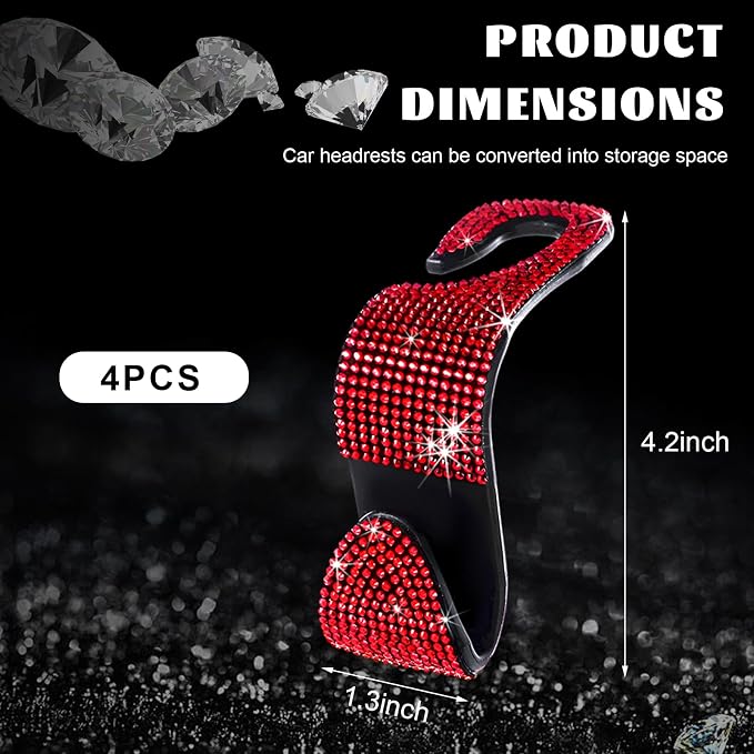4 PCS Bling Car Seat Headrest Hooks, Sparkly Crystal Rhinestone Auto Back Seat Hanger Backpack Storage Hanger, Universal Diamond Handbag Hanging Holder for Car RV SUV Truck (Red) - Image 2