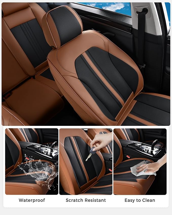 Huidasource Front Car Seat Cover, Luxury Faux Leather Car Seat Covers Front Seats, Fit Airbags, Seatbelt Buckles, Perforation, Cooling＆Heating, Universal Fit for Most Cars Vans Trucks SUVs Brown＆Black - Image 6
