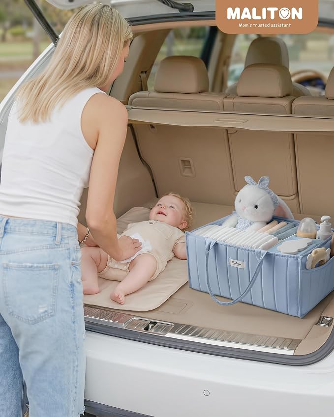 Maliton Baby Diaper Caddy Organizer with 2 Side Pockets, Portable, Blue | with Handle and Removable Dividers, Nursery Storage Basket, Car Organizer for Diapers & Wipes. Boy & Girl Shower Gift - Image 7