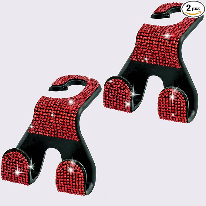 Bling Car Purse Hooks 2Pcs, Rhinestones Car Headrest Hook Backseat | Double Hooks,Holds 44Lbs,Wide Opening,Durable Nylon,Car Seat Hook,Purse Holder,Bling Car Accessories for Women,Red by MTGOCHA