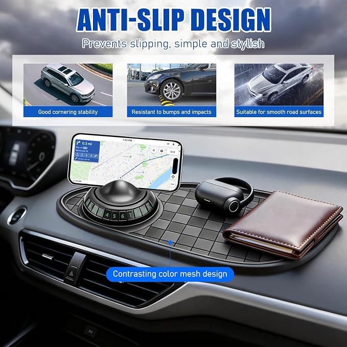 Multifunctional Car Anti-Slip Mat, 360° Rotatable Car Anti Slip Mat Phone Holder, Universal Dashboard Pad with Temporary Parking Number, Dashboard Accessories for Sunglass Chapstick (Black Brown) - Image 5