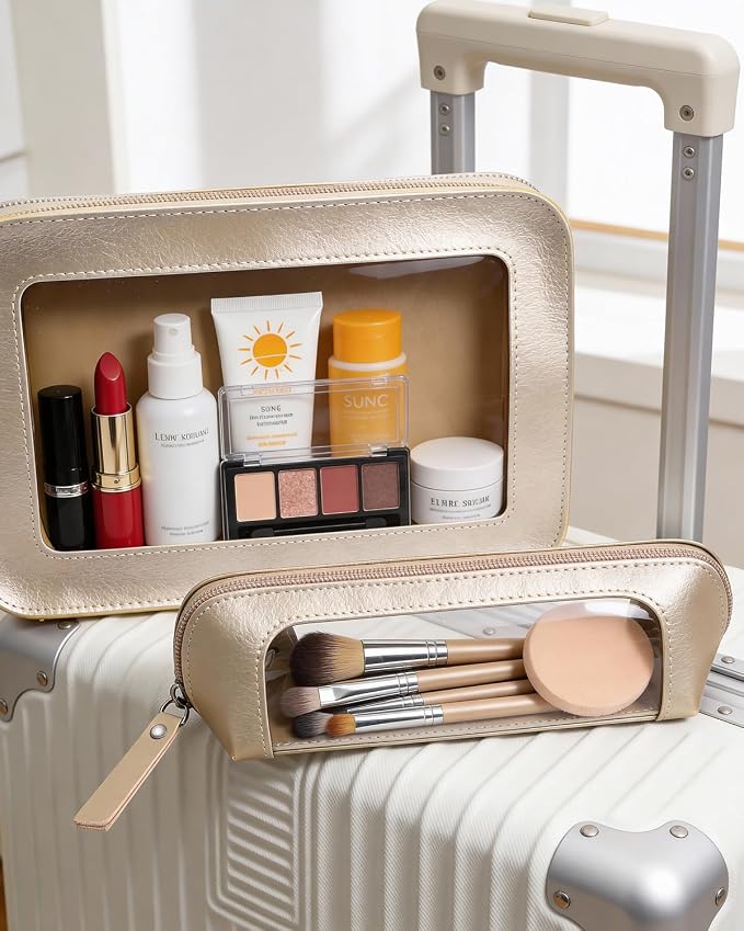 2Pack Clear Makeup Bags, Makeup Pouch for Purse Slim Make Up Brush Bag for Girls Car Accessories Essentials for Women(2Pack-Gold Set) - Image 3