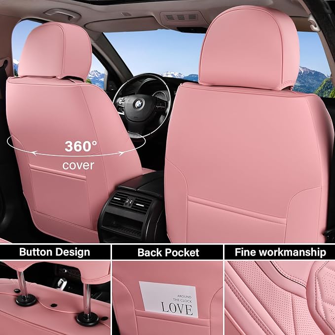 Coverado Car Seat Covers Full Set, Pink Leather Seat Covers for Cars, Universal Waterproof Car Seat Cover, Luxury Front and Back Car Seat Protector, Automotive Seat Covers Fit for Most Cars, Pink - Image 3