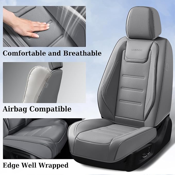 Coverado Car Seat Covers Full Set, Seat Covers for Cars, Car Seat Cover, Car Seat Protector Waterproof, Leather Car Seat Cushion, Universal Car Interior Covers Seat Protectors for Most Cars Gray - Image 4