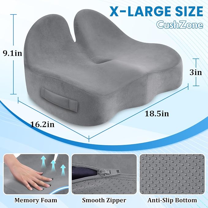 CushZone Extra Large Seat Cushion, Sciatica Support for Chair, Light Grey | Ergonomic Office Chair Cushion for Hip & Tailbone Pain Relief, Memory Foam Cushion for Car, Long Trip, Desk Chair, Lab - Image 2