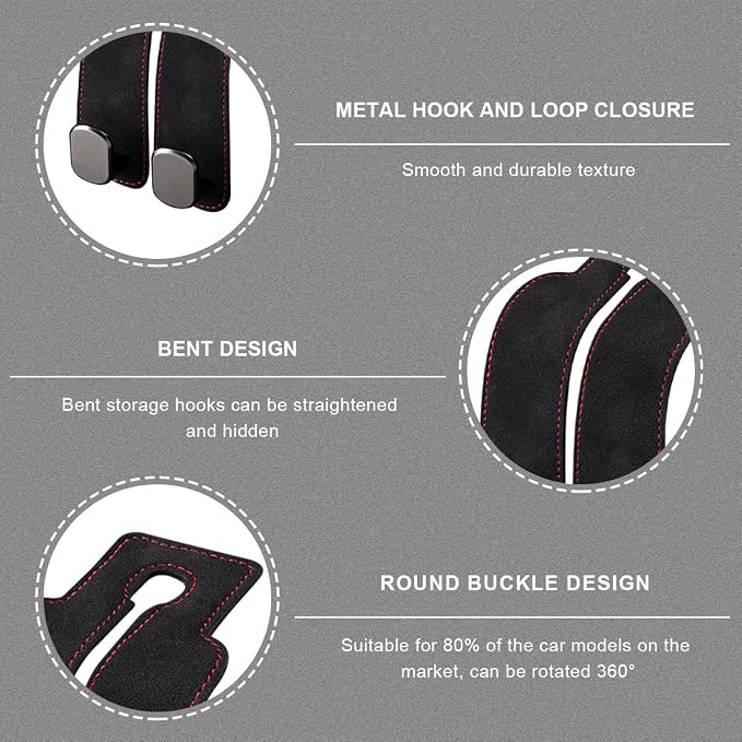 2 PCS Car Seat Headrest Hook, Suede Leather Back Seat Organizer Double Metal Hooks, Universal Headrest Hanger Convenient Vehicle Storage Hook for Purse Handbag Coats (Black) - Image 3