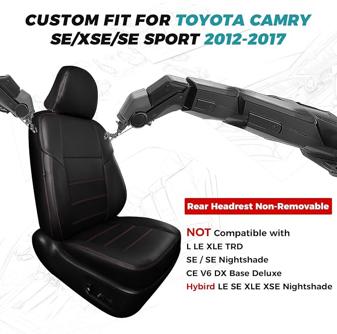 Custom Seat Covers for Toyota Camry 2012-2017, BlackRed | Only Fit for Camry SE/XSE/SE Sport 2012-2017, Not for Hybrid, Full Coverage, Faux Leather, Scratch-resistant, Easy-clean - Image 2