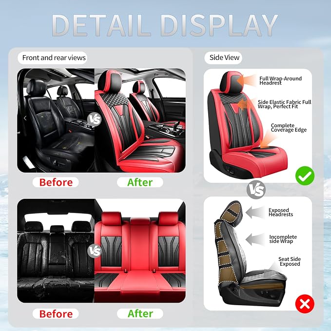 Fit Prius Premium Leather Car Seat Covers for Toyota Prius 2001-2025 2026 - Waterproof，Breathable，All-Weather Seat Cushion Protecto & Airbag Compatible, Full Set Red&Black - Image 6