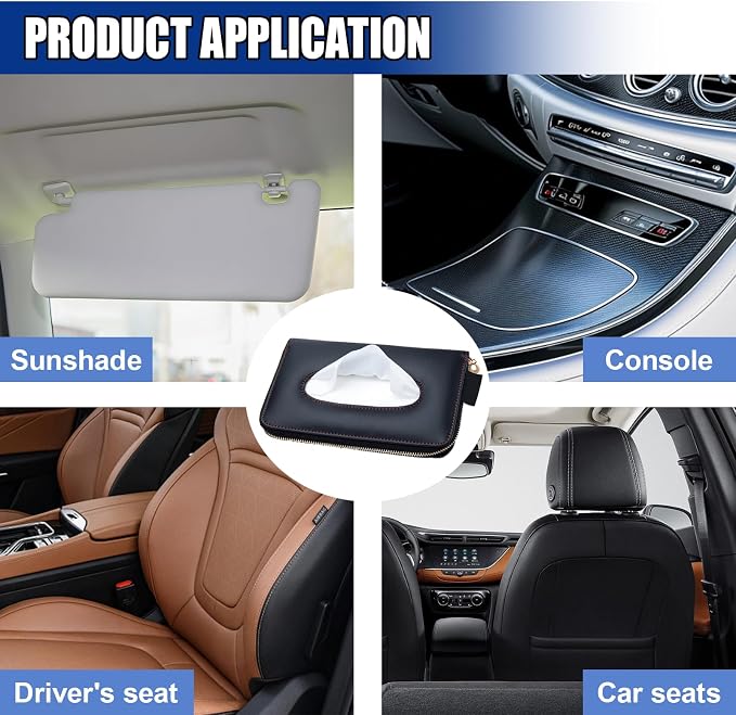 Car Tissue Holder, Leather Car Sun Visor Napkin Box with Tissue Refill, Auto Backseat Paper Carton Mask Dispenser with Zipper, Universal Hanging Vehicle Towel Clip for RV, SUV, Truck (Black) - Image 6