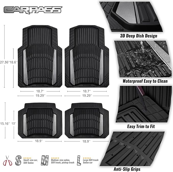 CAR PASS Heavy Duty Rubber Car Floor Mats, Deep Waterproof Car Floor Mats All Weather, Aluminum Film Floor Mats for Cars Non-Slip Universal Trim to Fit for SUVs Trucks Sedans Vans, Black Grey Metallic - Image 3