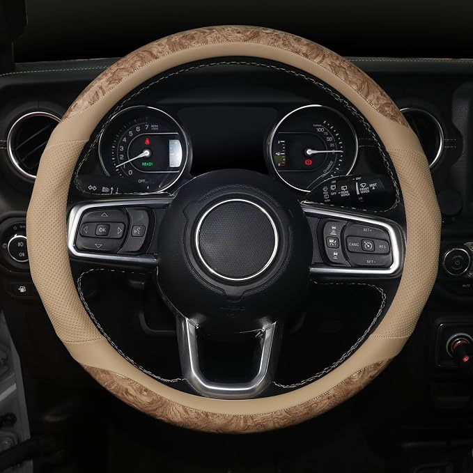 KAFEEK Wood Grain Steering Wheel Cover, 14.5-15 inch, Beige | Breathable Microfiber Leather, Non-Slip, Universal Fit Cars, SUVs, Truck - Image 2