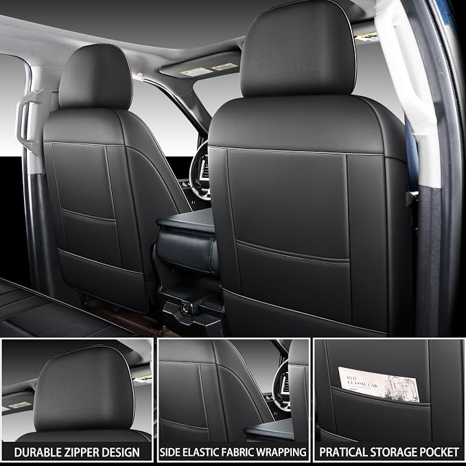 MINGBRON Front Car Seat Covers Custom Fit 2009-2026 Ford F150, 2017-2026 F250 F350 F450 Super Duty Crew Cab Regular Cab Super Cab, Automotive Vehicle Cushion with Waterproof Leather (Black) - Image 4