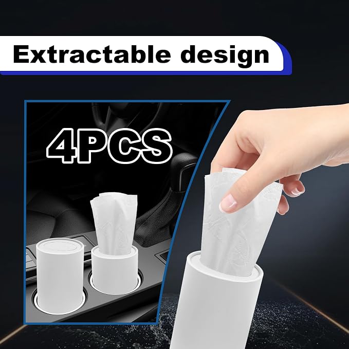 4PCS Car Tissue Holder, Pull Out Cars Tissue Holder, Refillable Tissues Cylinder Travel Tissue Tubes Box Container Multifunctional Car Tissue Box Fits for Cup Holder Round (White) - Image 4